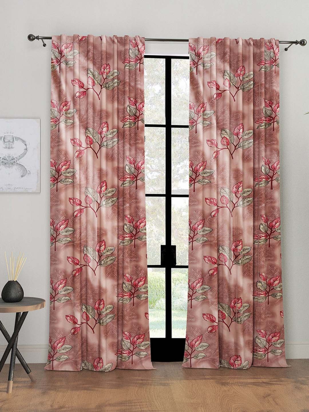 

ROMEE Peach-Coloured & Red 2 Pieces Floral Room Darkening Long Door Curtains