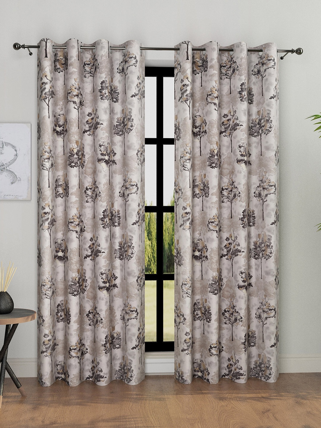 ROMEE Grey & Beige 2 Pieces Floral Room Darkening Door Curtains