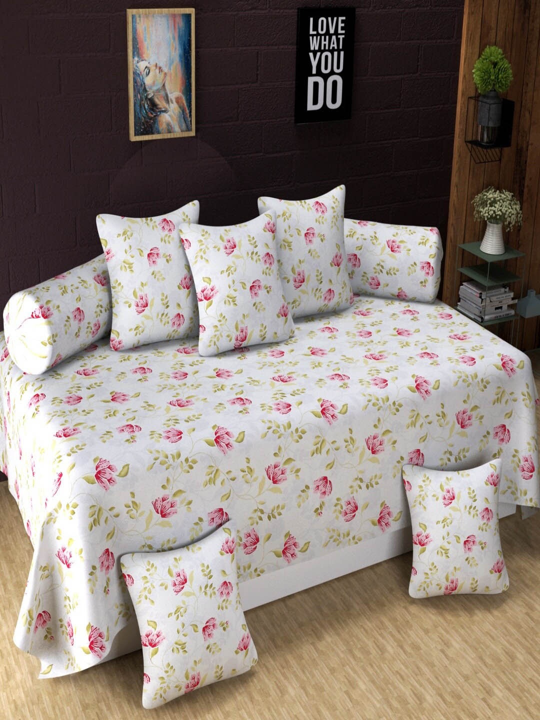 

Homefab India White & Pink 8 Pieces Floral Printed Diwan Set