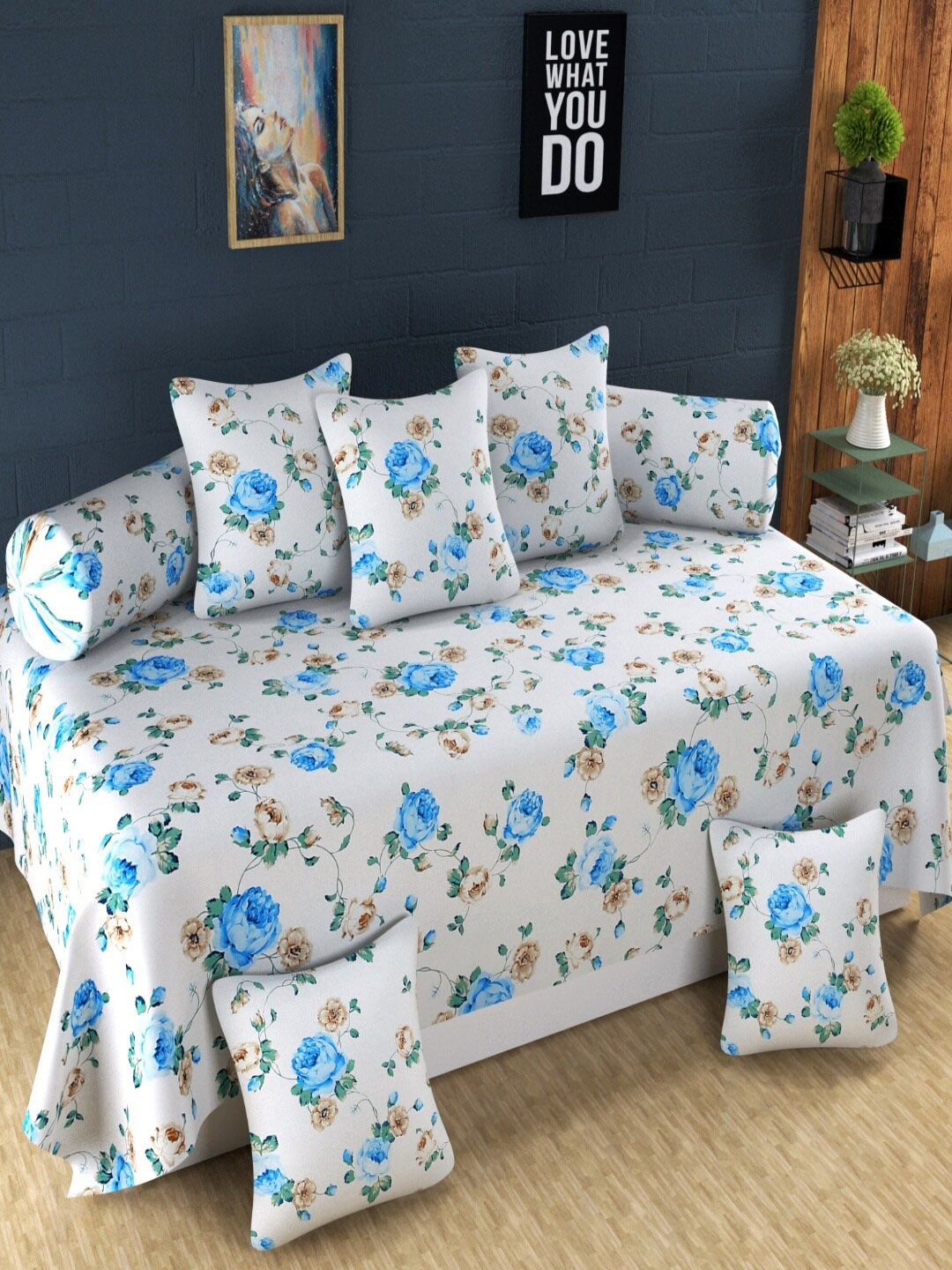 

Homefab India 8 Pcs White & Blue Floral Printed Cotton Diwan Set