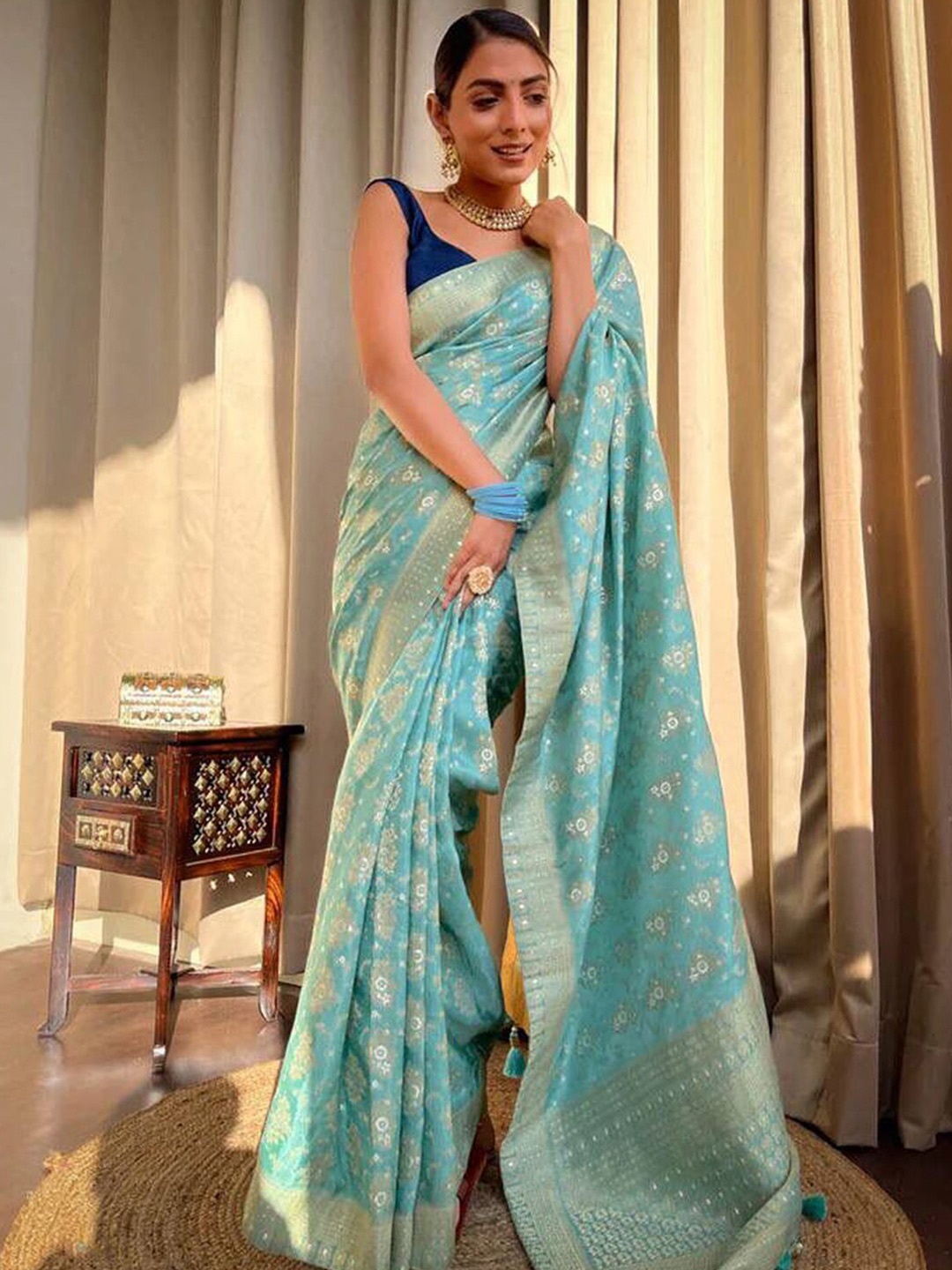 

KALINI Ethnic Motif Woven Design Zari Saree, Blue