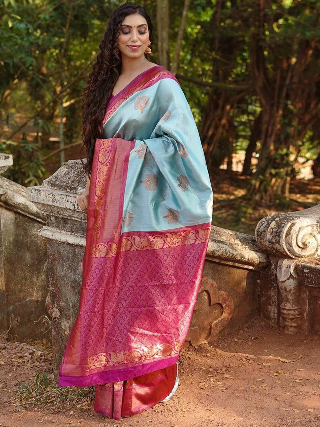 

KALINI Ethnic Motifs Woven Design Zari Detailed Saree, Blue
