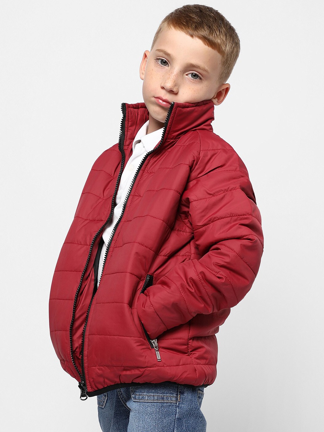 

Instafab Boys Mock Collar Long Sleeve Zip Detail Windcheater Outdoor Padded Jacket, Maroon