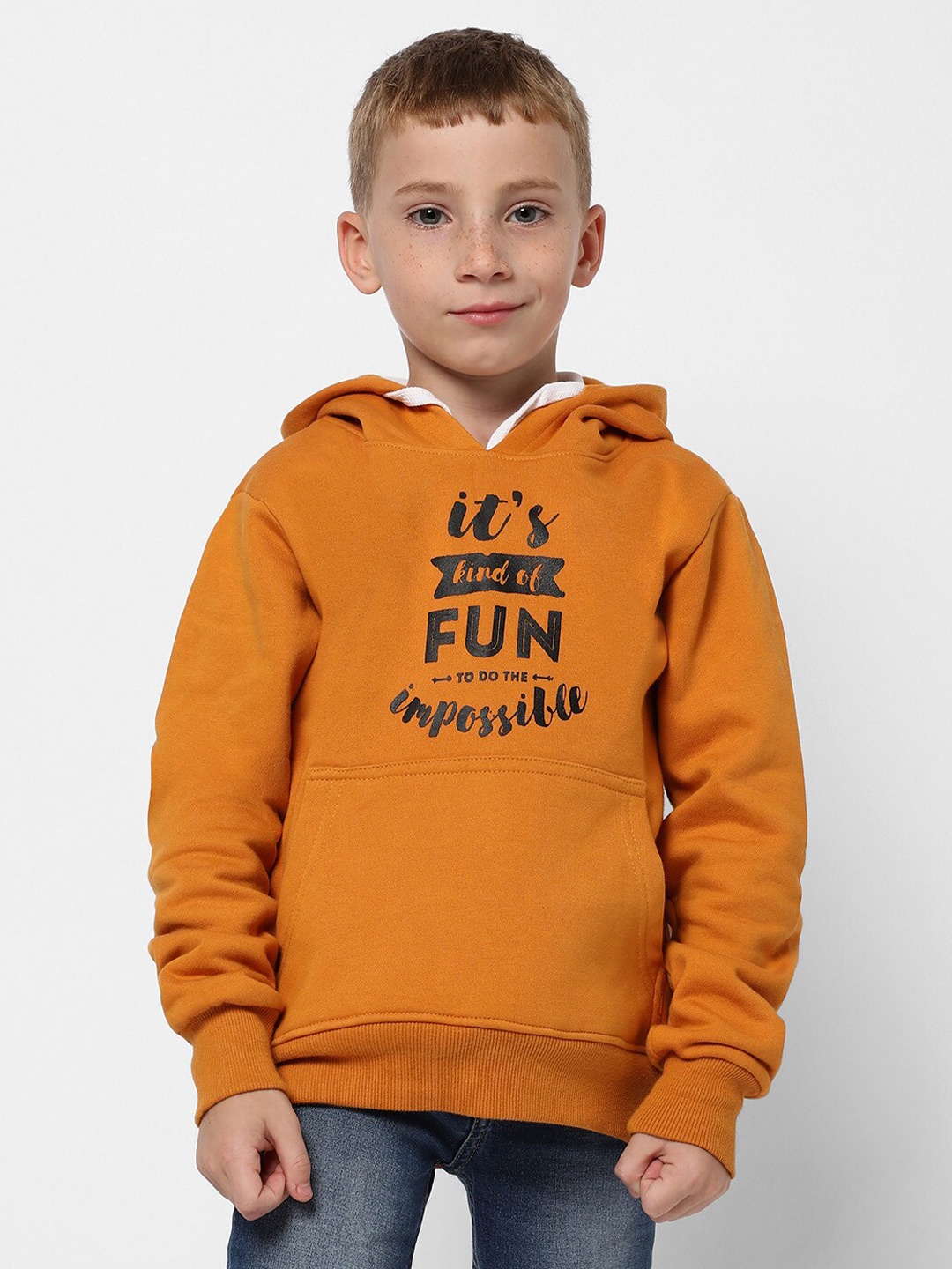 

Instafab Boys Typography Printed Hooded Front-Open Cotton Sweatshirt, Mustard