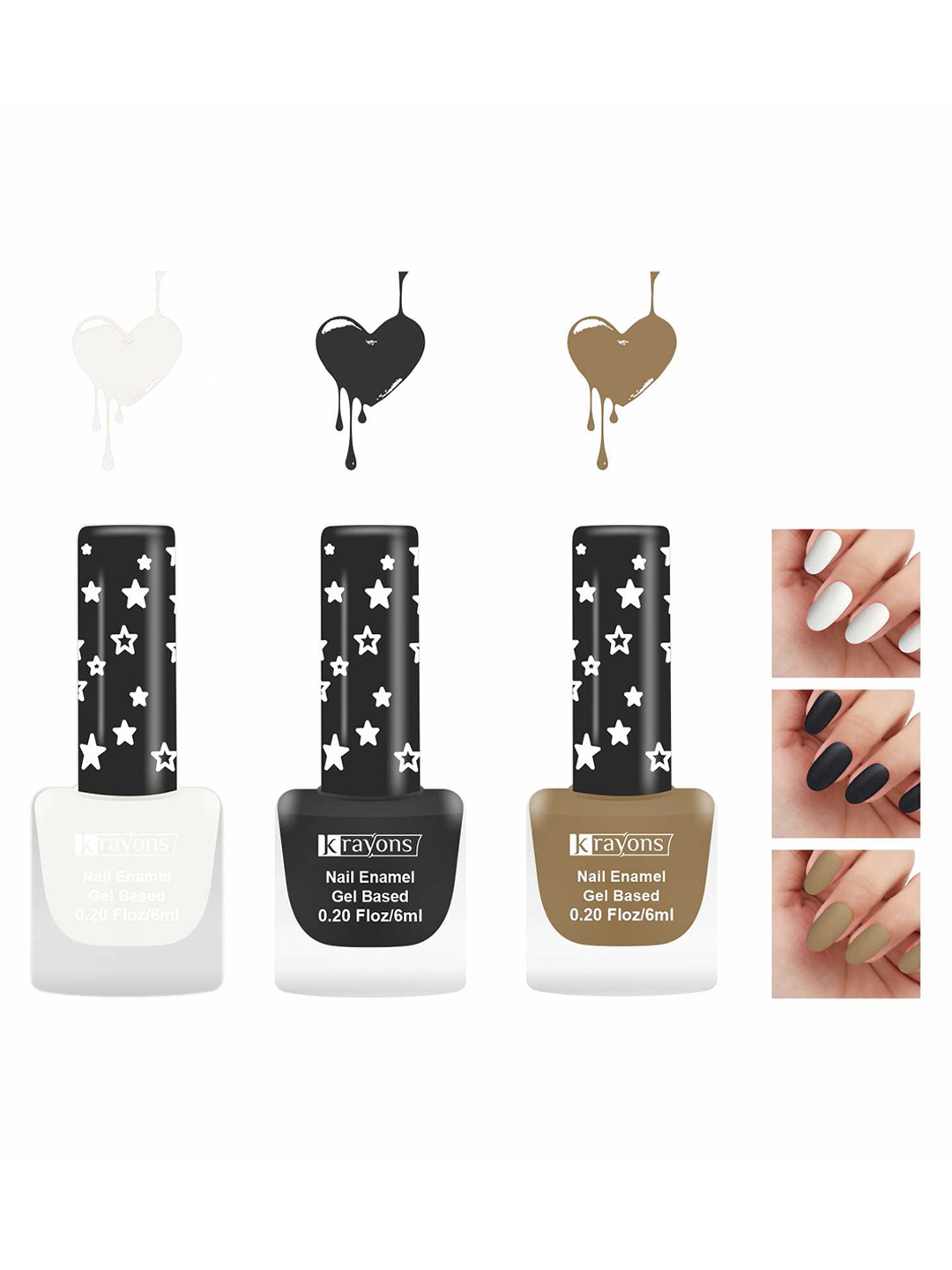 

krayons Set Of 3 Gel Based Matte Finish Nail Enamel - Snow White+Black Magnet+Nude Beige