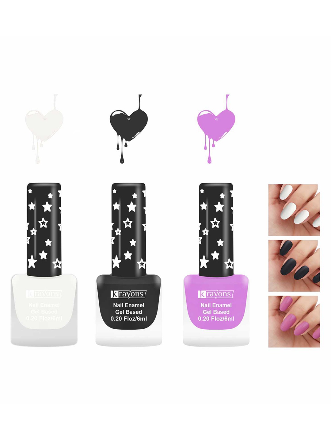 

krayons Set Of 3 Gel Based Matte Finish Nail Enamel - Snow White+Black Magnet+Plum, Multi