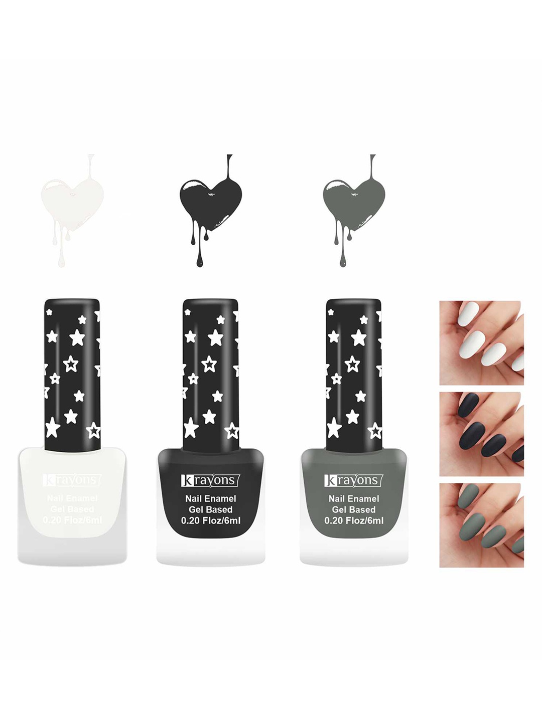 

krayons Set Of 3 Gel Based Matte Finish Nail Enamel - Snow White+Black Magnet+CharcoalGrey, Multi