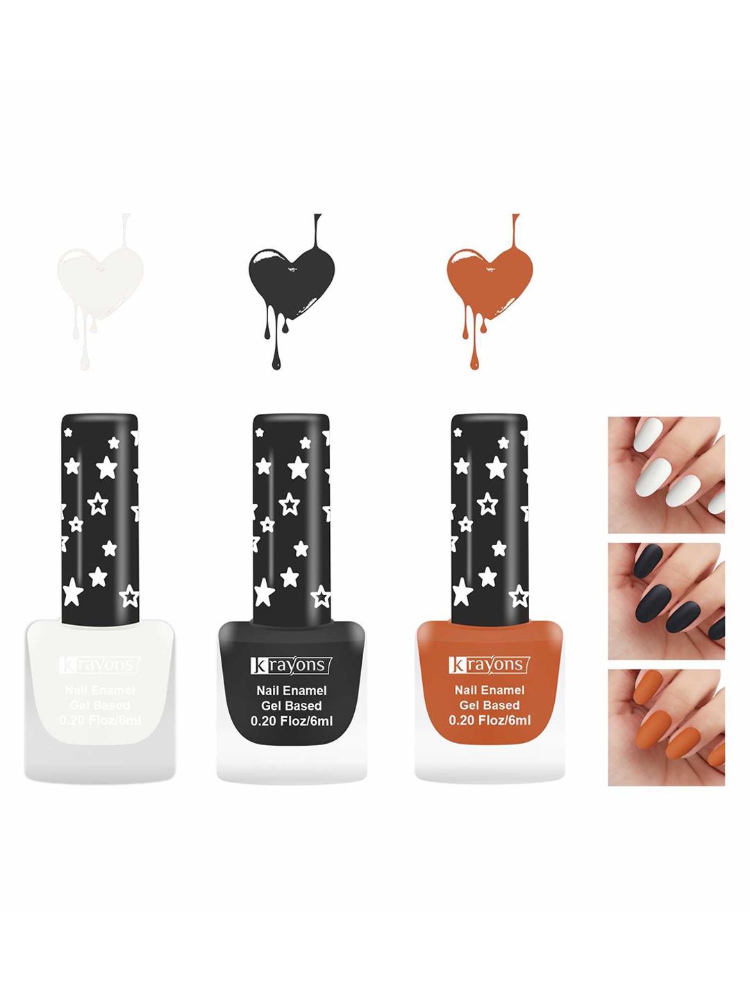 

krayons Set Of 3 Gel Based Matte Finish Nail Enamel - Snow White+Black Magnet+Brick Orange