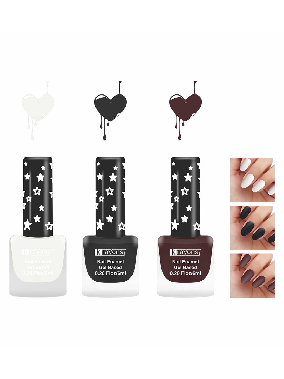 

krayons Set Of 3 Gel Based Matte Finish Nail Enamel - Snow White+Black Magnet+Wine, Multi