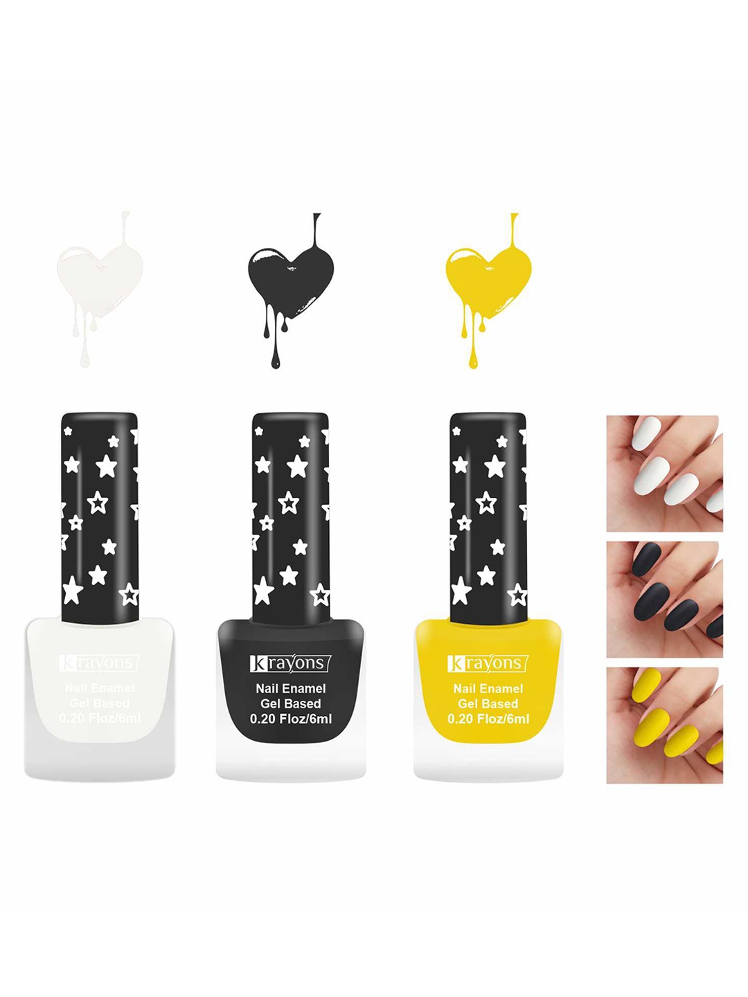 

krayons Set Of 3 Gel Based Matte Finish Nail Enamel - Snow White+Black Magnet+LemonYellow