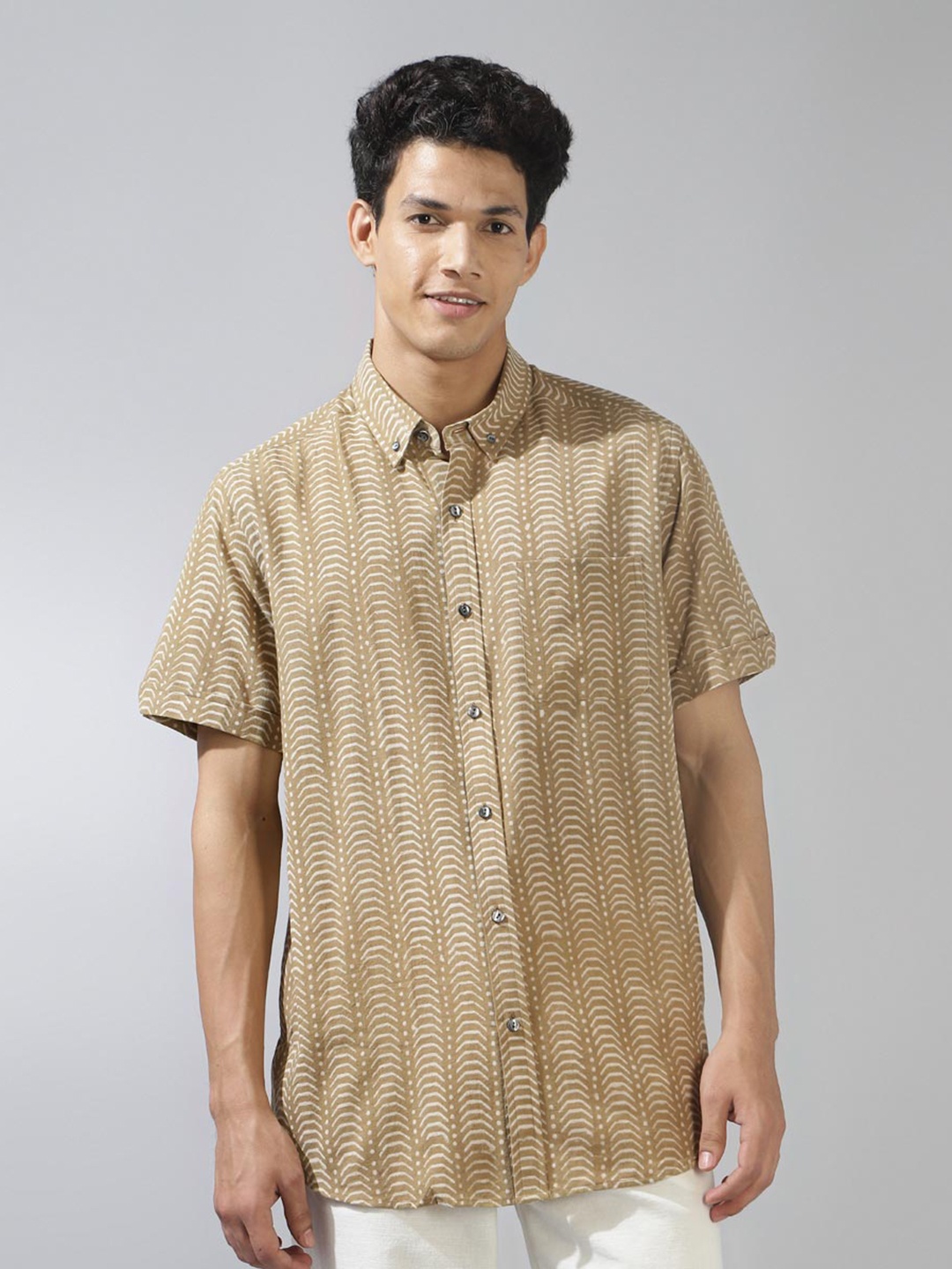 

Fabindia Ethnic Motif Printed Button-Down Collar Cotton Casual Shirt, Beige