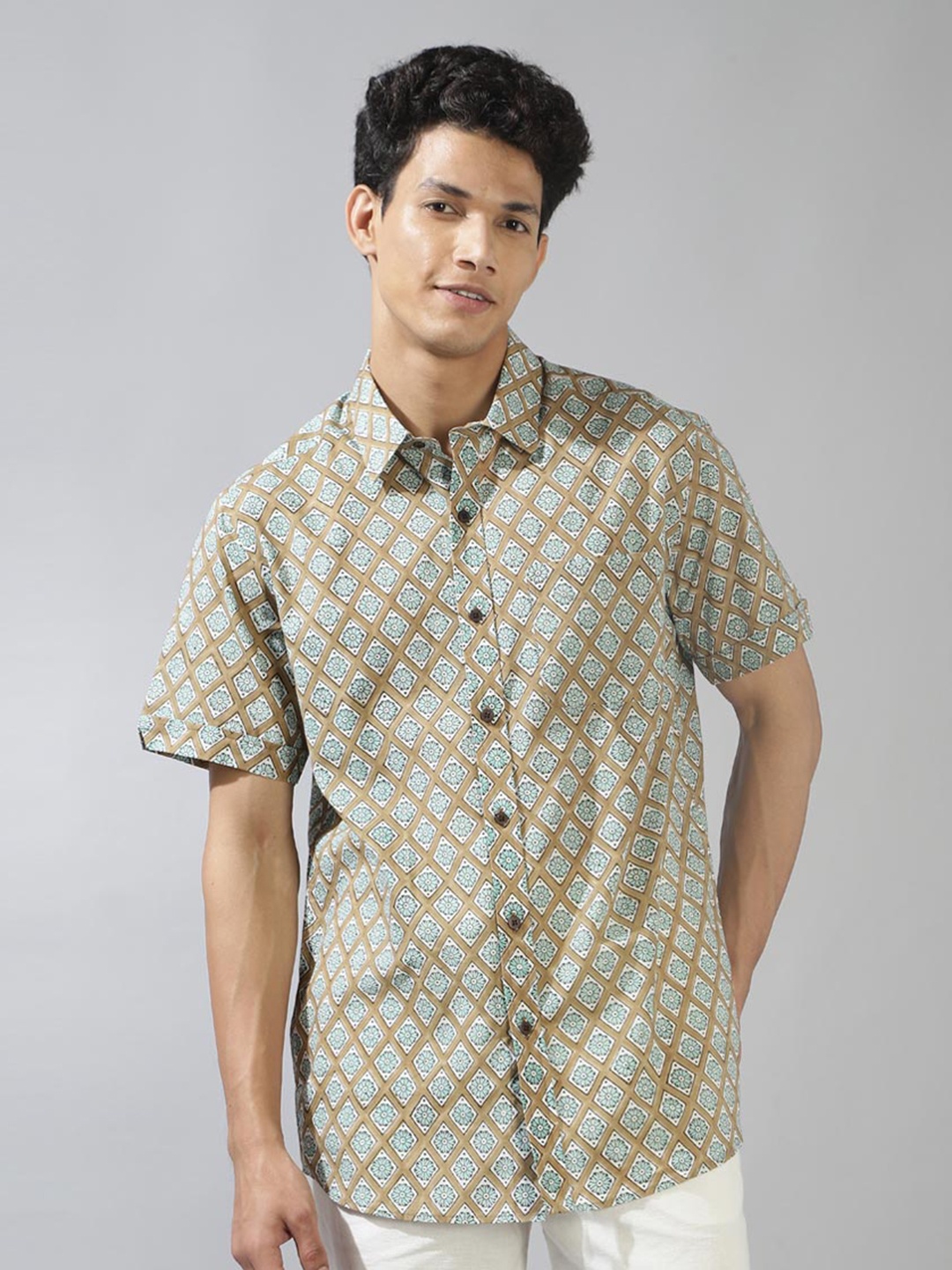 

Fabindia Ethnic Motif Printed Button-Down Collar Cotton Casual Shirt, Brown