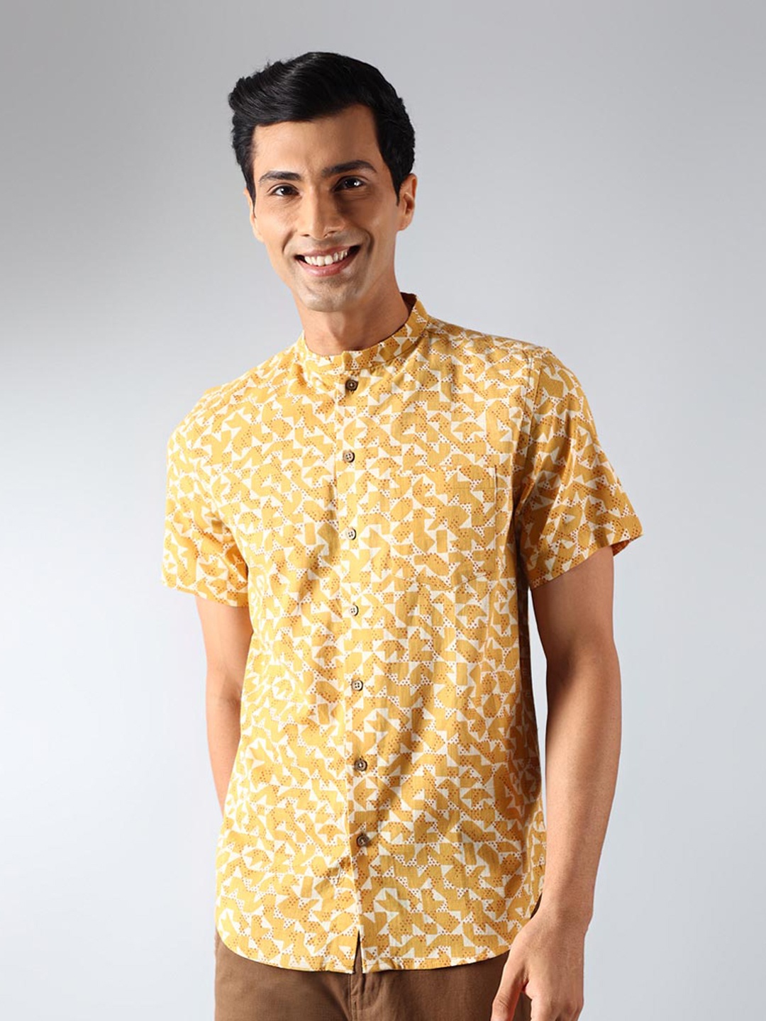 

Fabindia Ethnic Motif Printed Band Collar Cotton Casual Shirt, Yellow