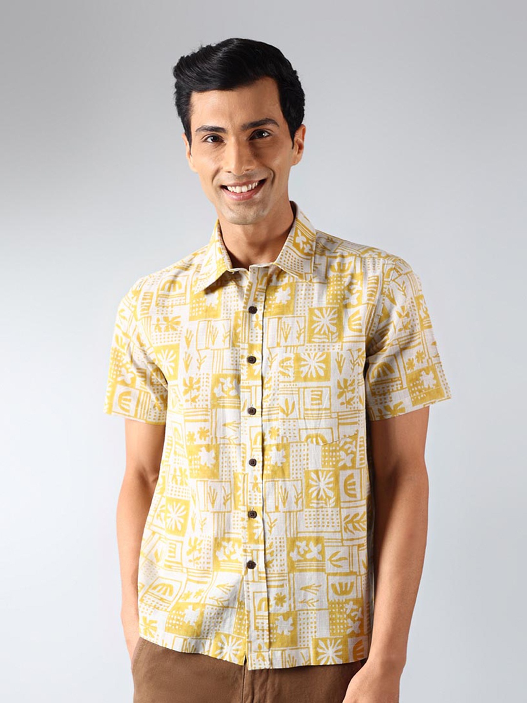 

Fabindia Graphic Printed Spread Collar Cotton Casual Shirt, Yellow