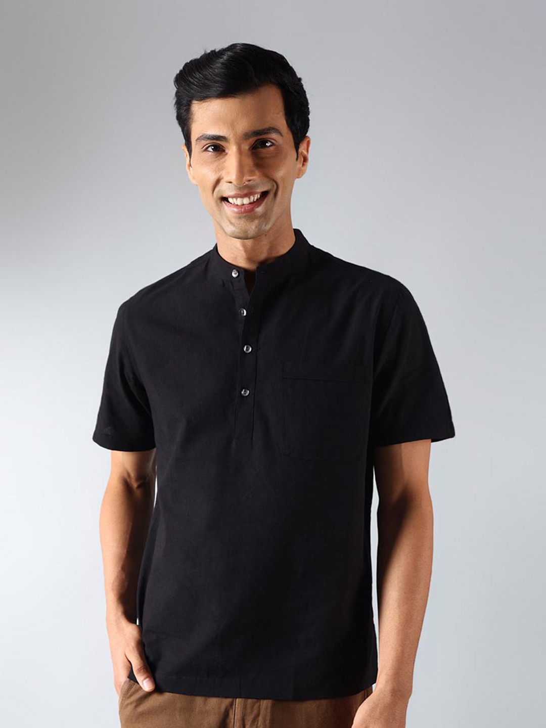

Fabindia Band Collar Comfort Fit Casual Cotton Shirt, Black