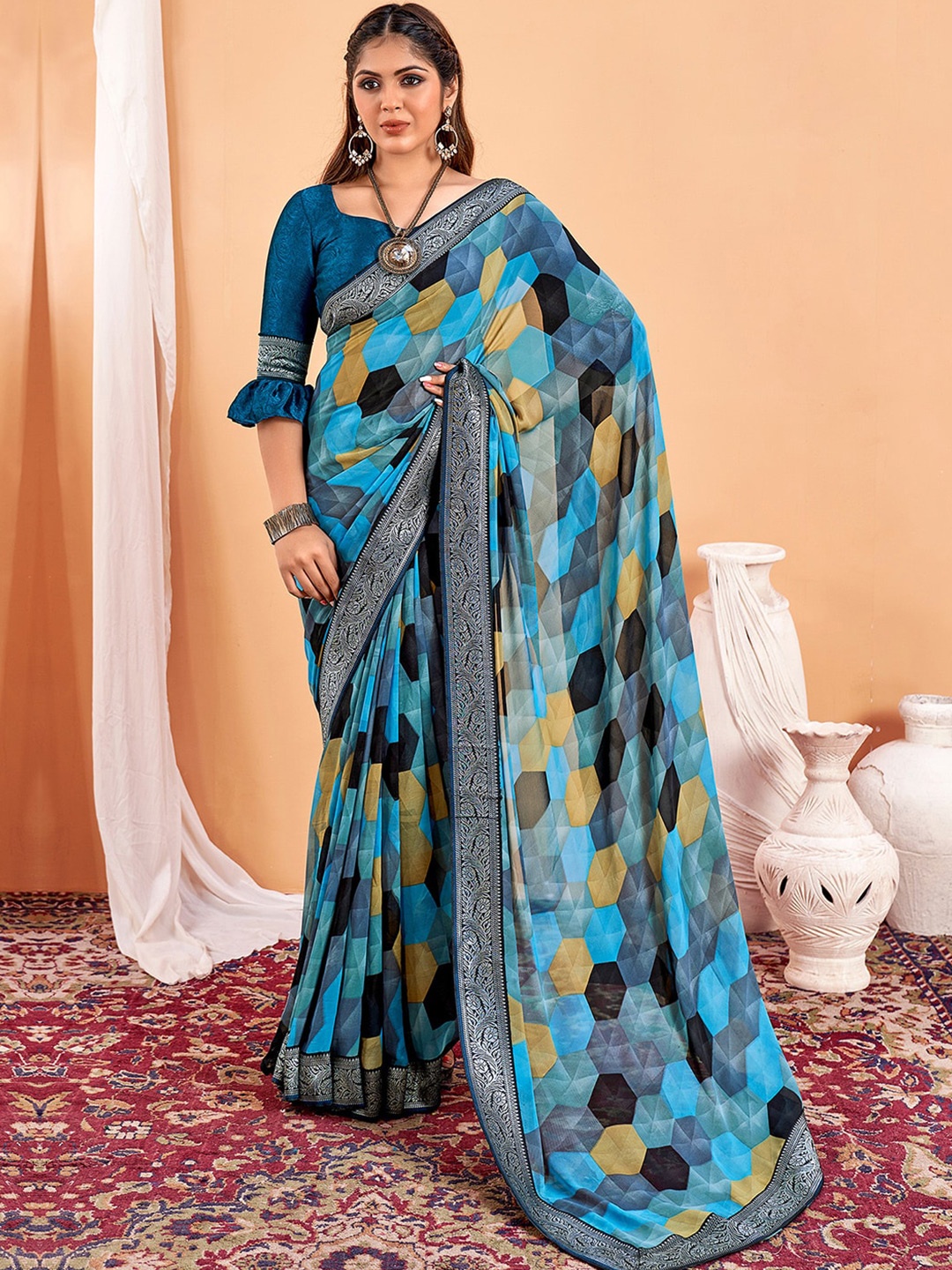 

Sangria Geometric Printed Zari Saree, Blue