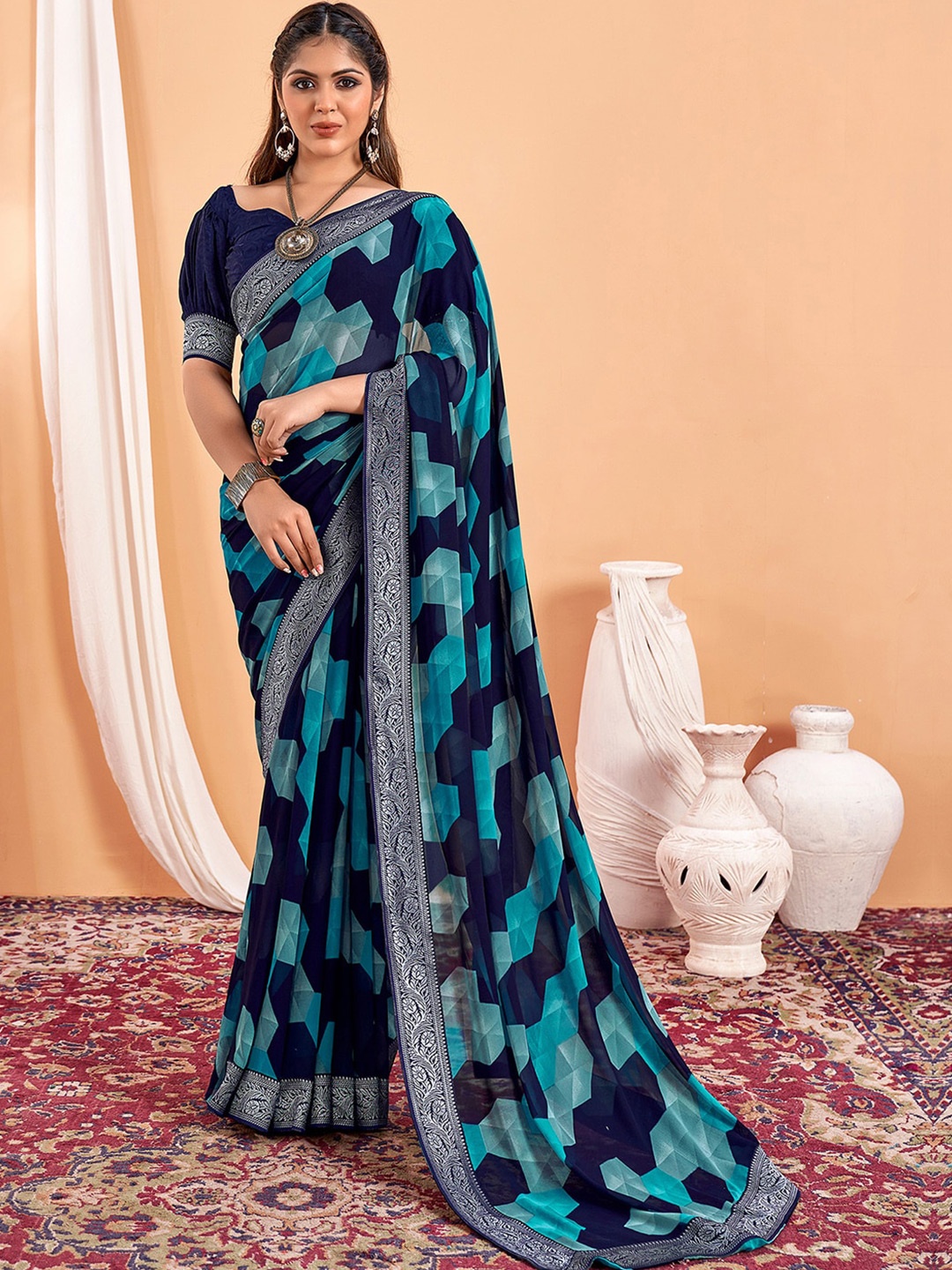 

Sangria Geometric Printed Zari Saree, Blue
