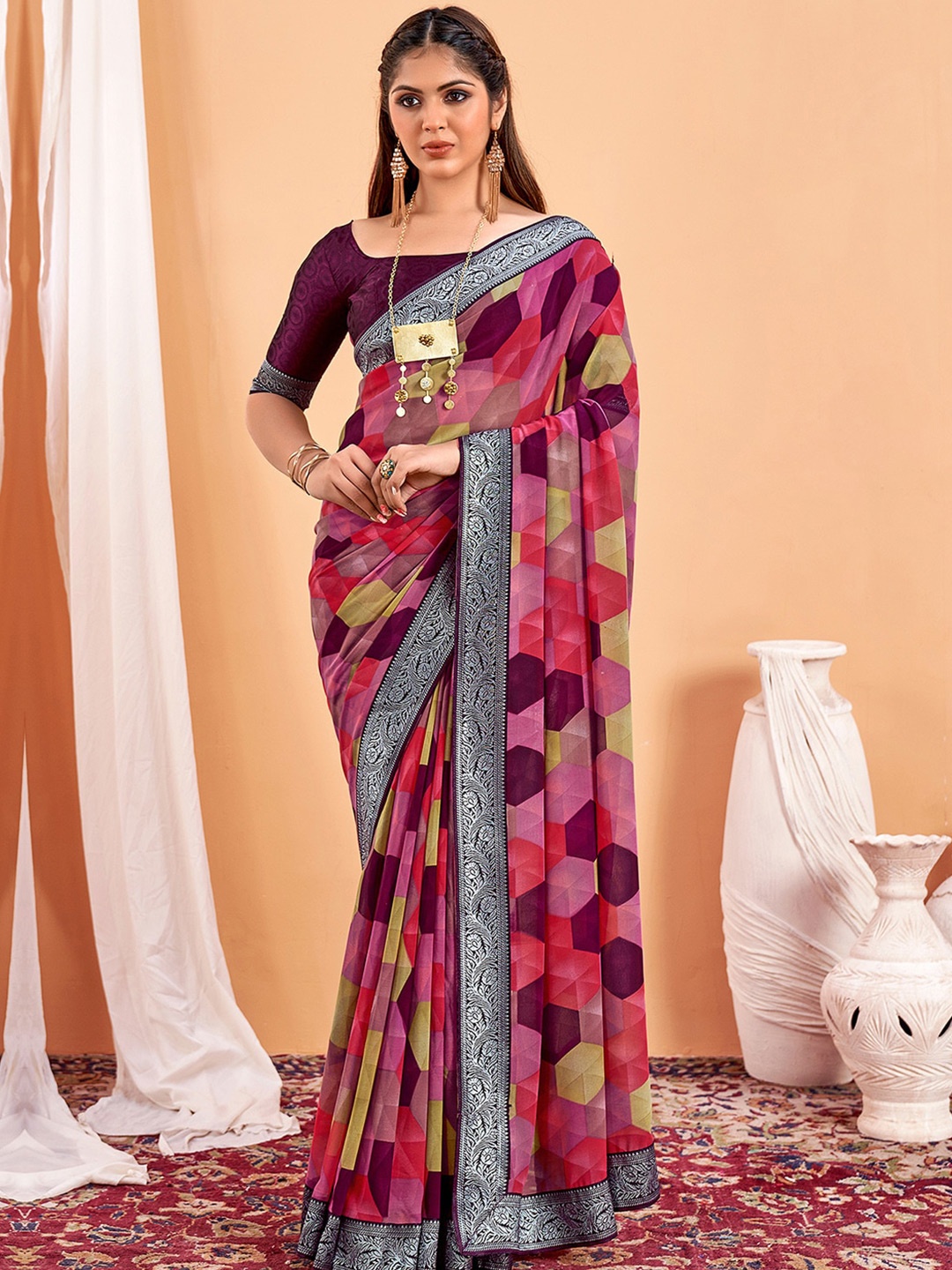 

Sangria Geometric Printed Zari Saree, Purple