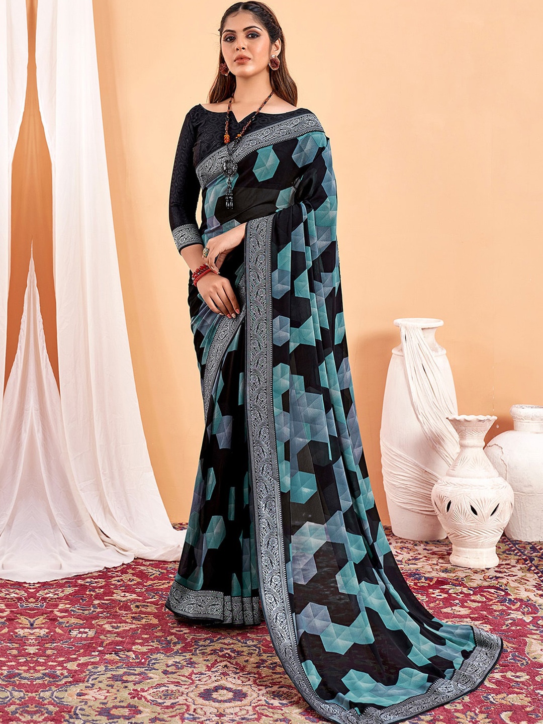 

Sangria Geometric Printed Zari Saree, Blue