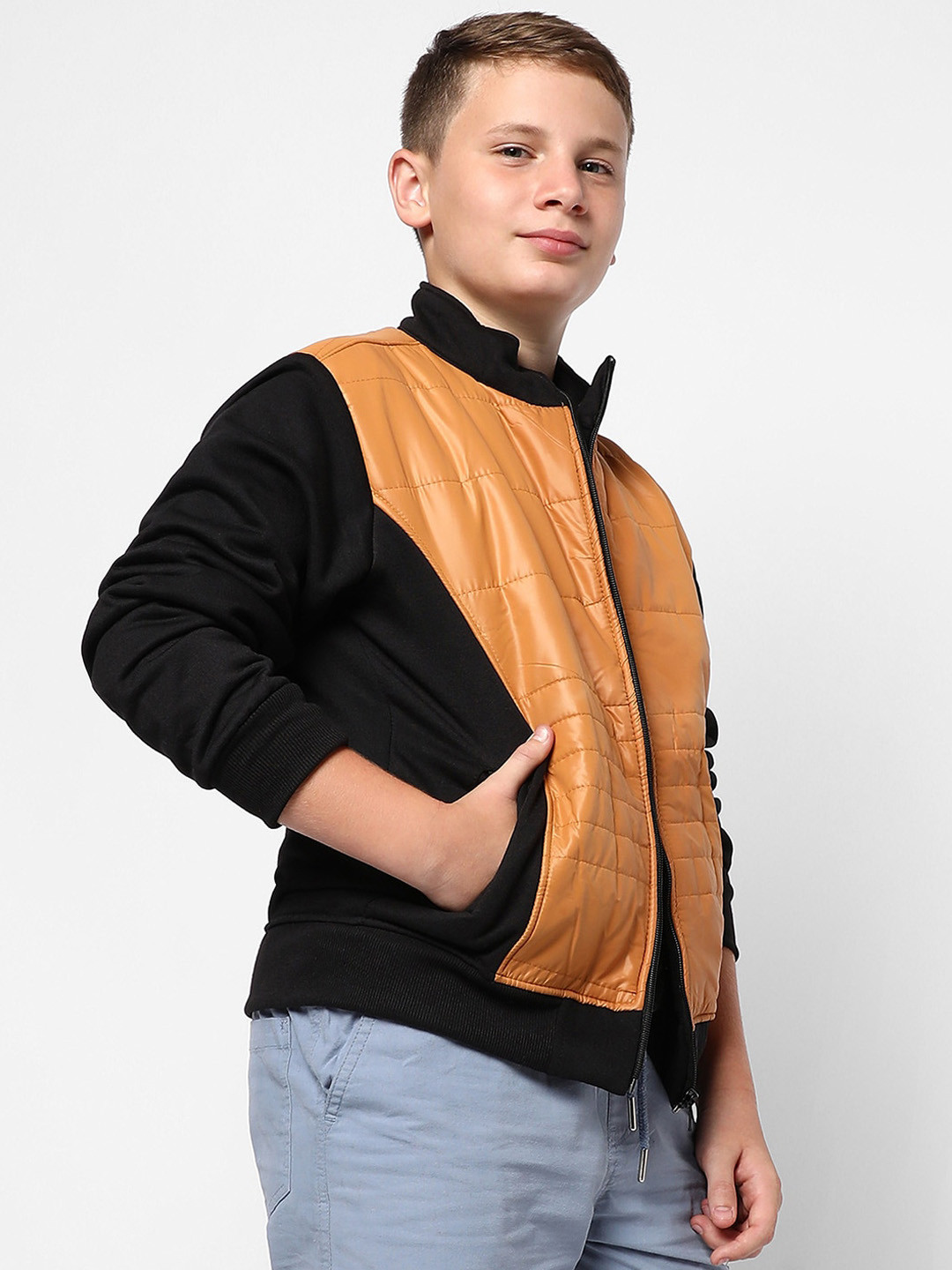 

Instafab Boys Colourblocked Stand Collar Windcheater Cotton Sporty Jacket, Black