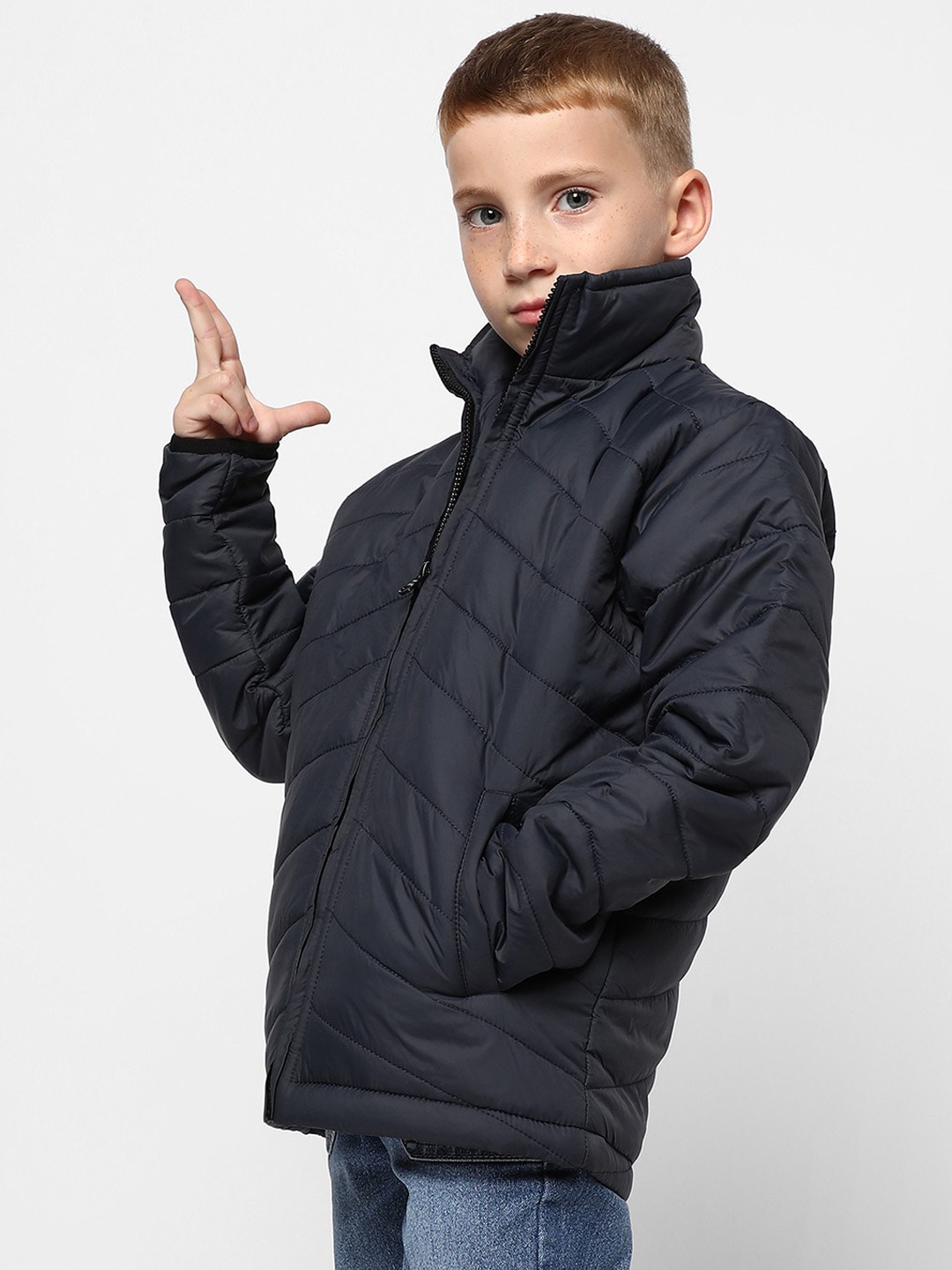 

Instafab Boys Mock Collar Long Sleeve Zip Detail Windcheater Outdoor Padded Jacket, Navy blue