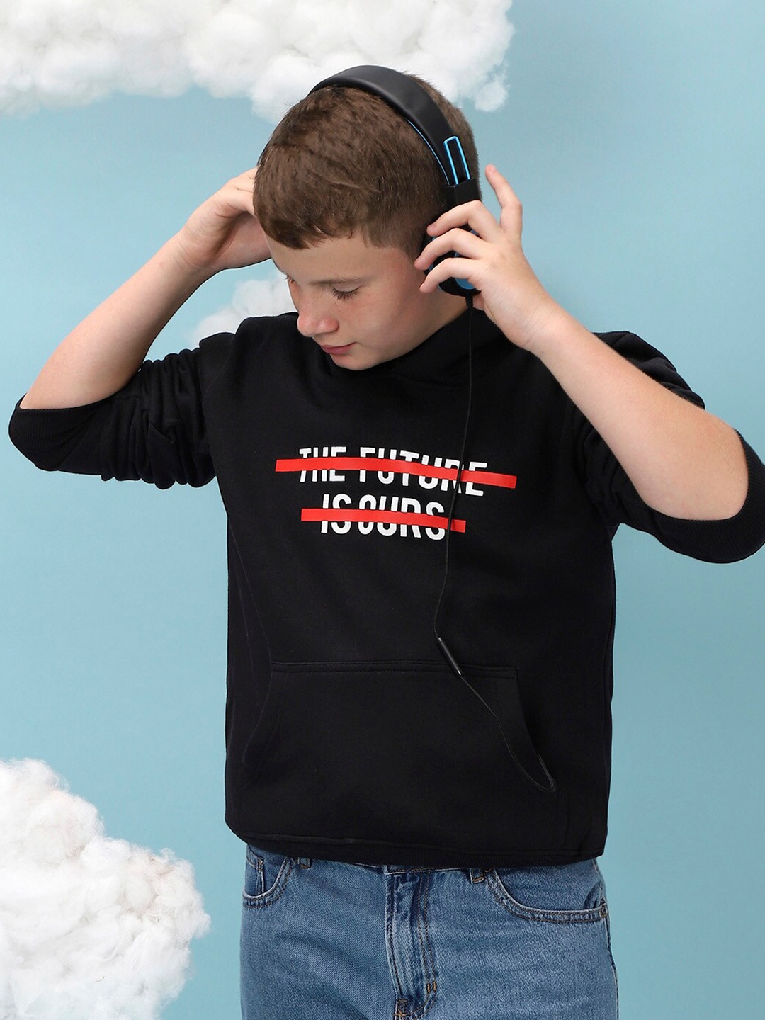

Instafab Boys Typography Printed Hooded Cotton Pullover, Black