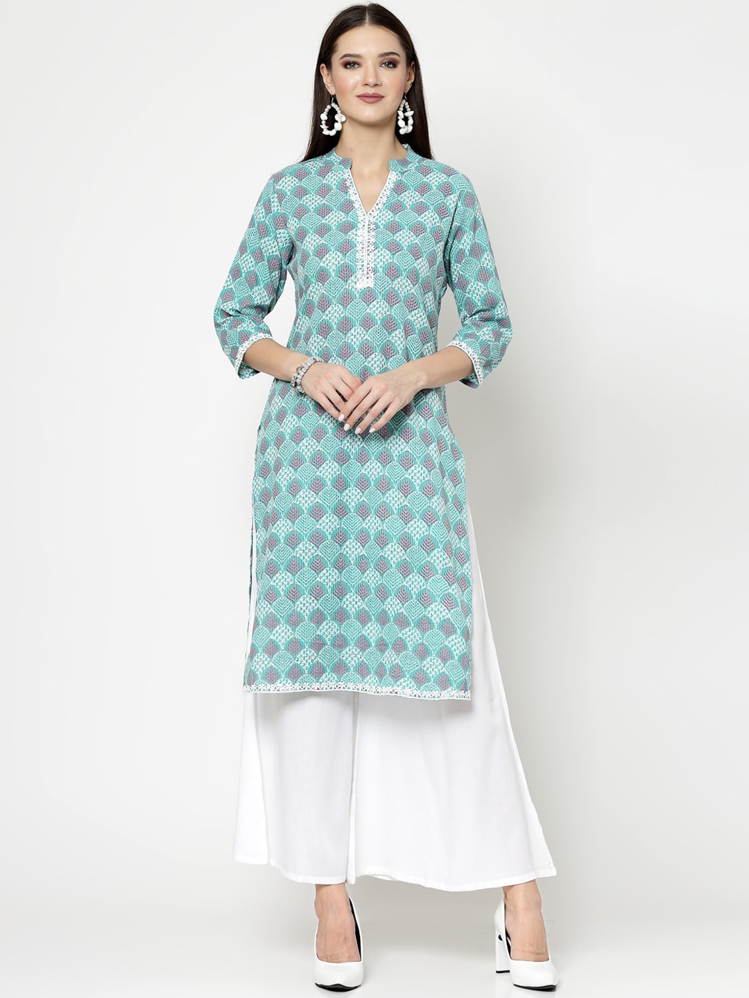 

KALINI Ethnic Motifs Printed Mandarin Collar Straight Kurta, Blue