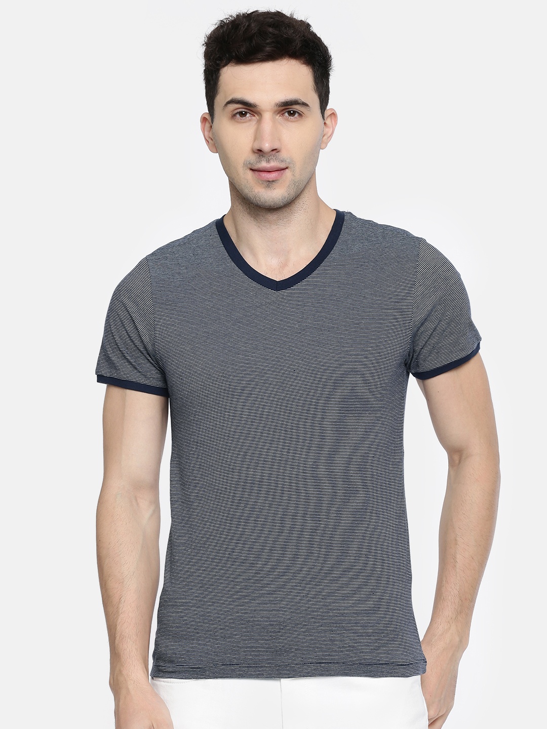 

Jack & Jones Men Navy & White Striped V-Neck T-shirt, Navy blue