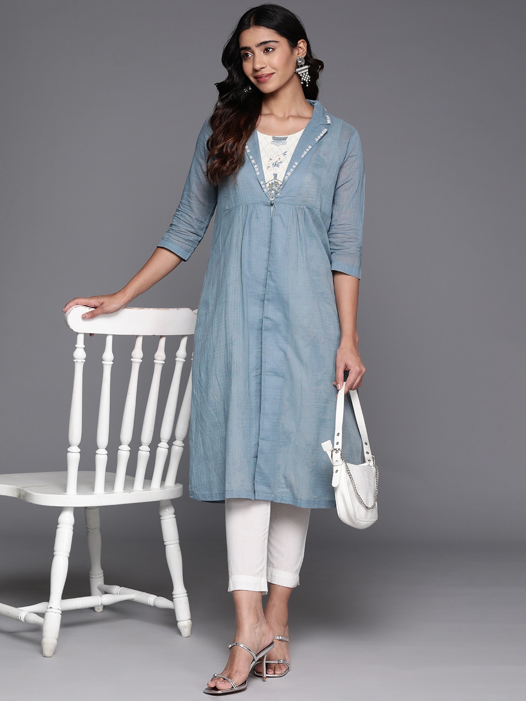 

Biba Floral Printed Kurta With A-Line Jacket & Mask, Off white