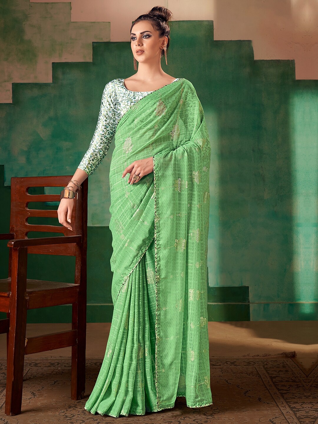 

Saree mall Ethnic Motifs Printed Poly Georgette Sarees, Green