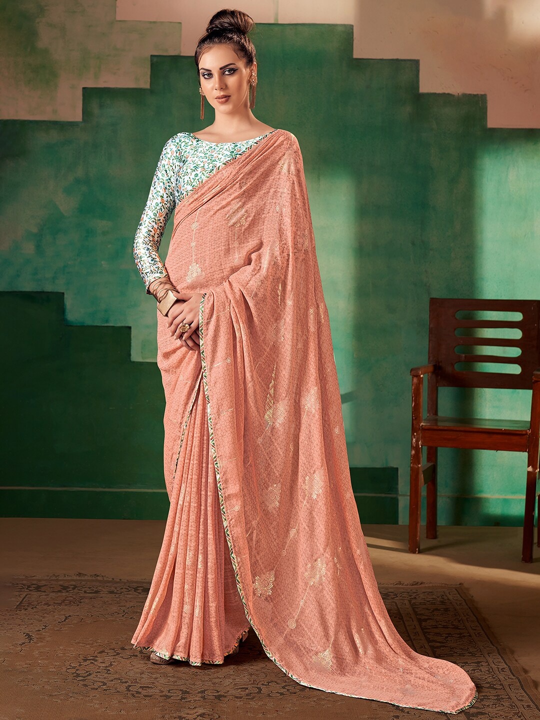 

Saree mall Peach-Coloured White Ethnic Motifs Printed Poly Georgette Sarees