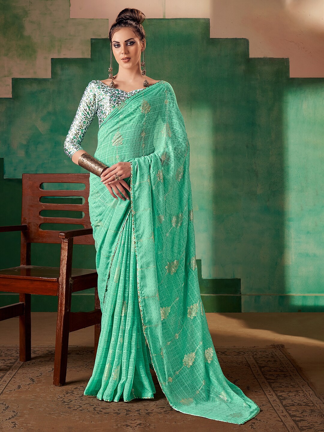

Saree mall Ethnic Motifs Printed Pure Georgette Sarees, Turquoise blue
