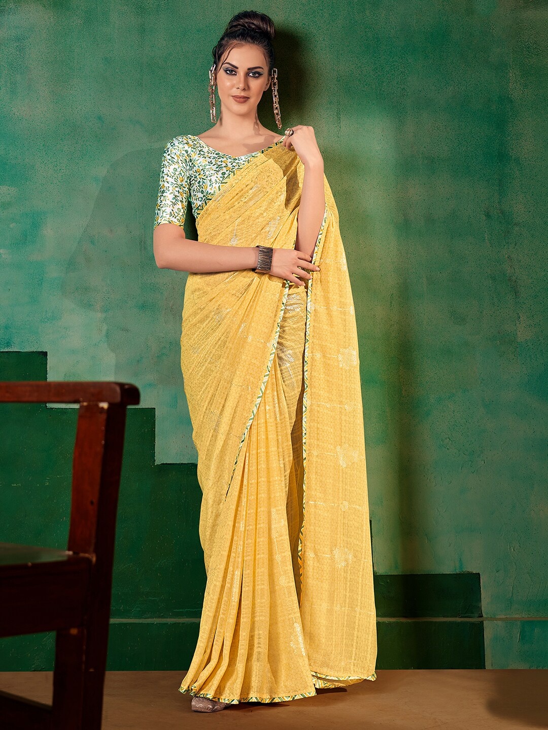 

Saree mall Ethnic Motifs Printed Pure Georgette Sarees, Yellow