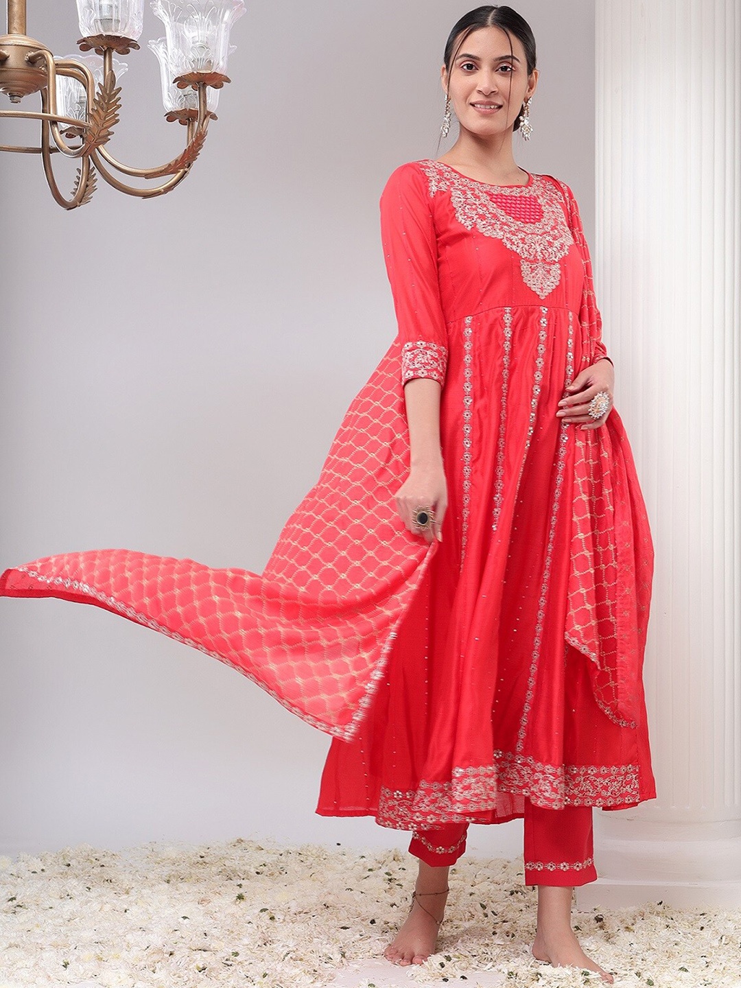 

Bani Women Ethnic Motifs Embroidered Zari Chanderi Silk Kurta With Trousers & Dupatta, Red