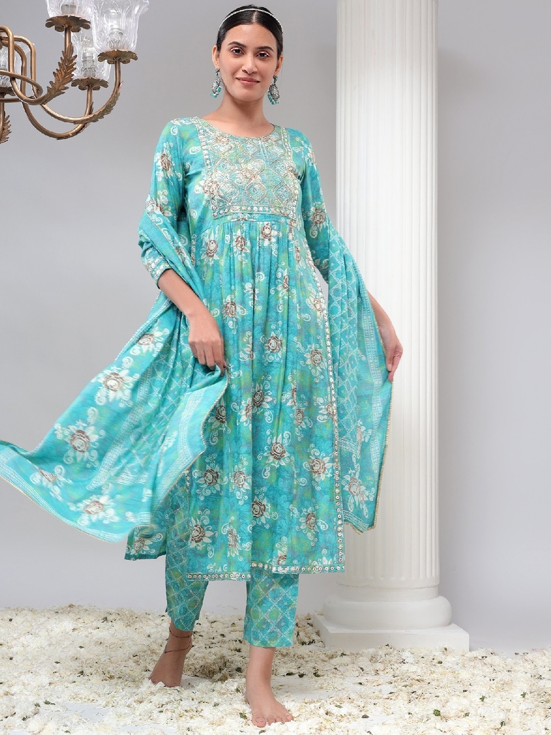 

Bani Women Floral Printed Embroidered Chanderi Silk Pleated Kurta With Trousers & Dupatta, Blue