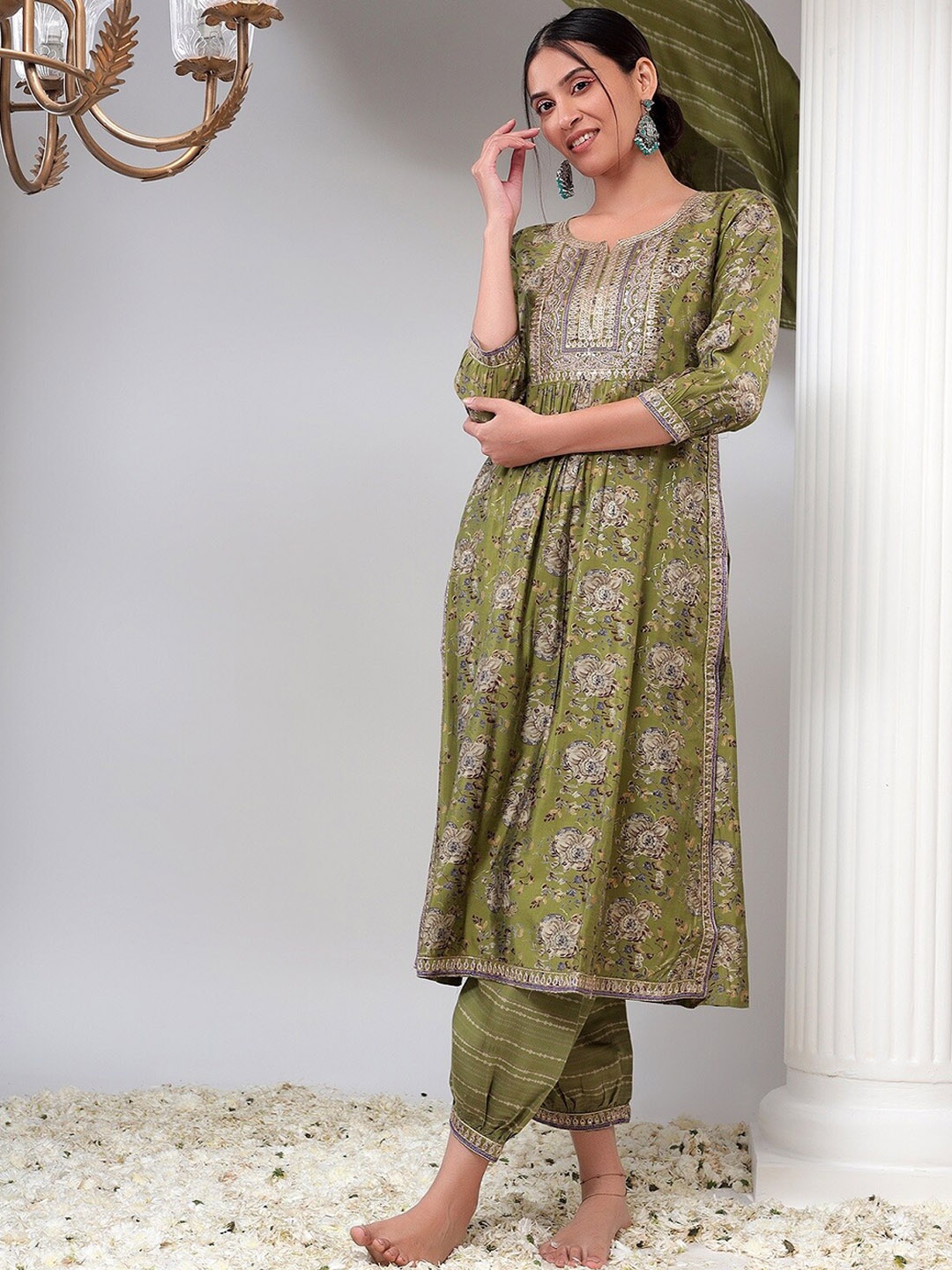 

Bani Women Ethnic Motifs Yoke Design Chanderi Silk Kurta With Cuffed Salwar & Dupatta, Green