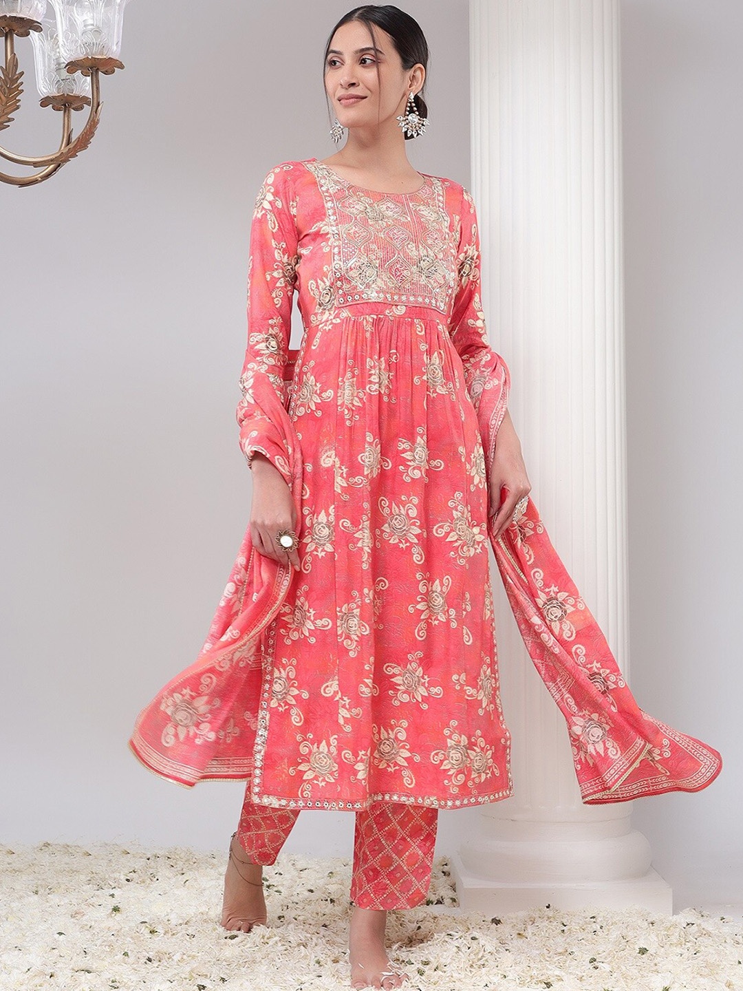 

Bani Women Ethnic Motifs Printed Thread Work Chanderi Silk Kurta With Trousers & Dupatta, Pink