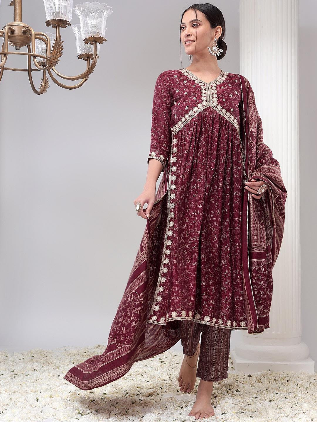 

Bani Women Ethnic Motifs Embroidered Empire Chanderi Silk Kurta With Trousers & Dupatta, Maroon