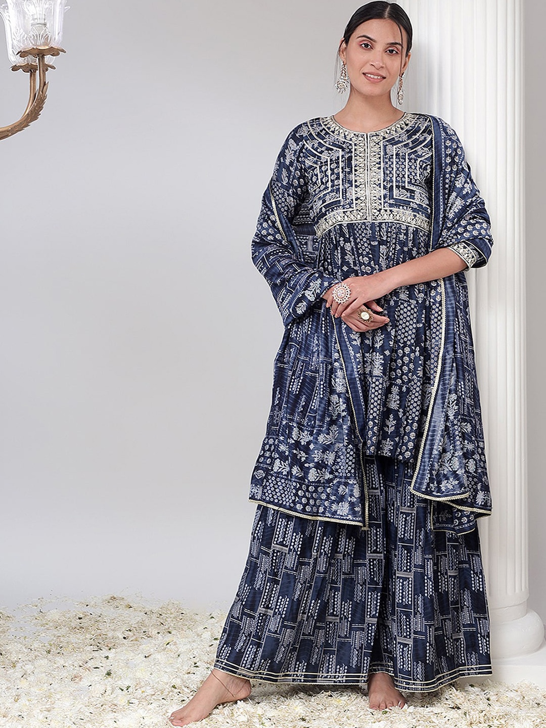 

Bani Women Ethnic Motifs Embroidered Regular Chanderi Silk Kurta With Sharara & Dupatta, Navy blue