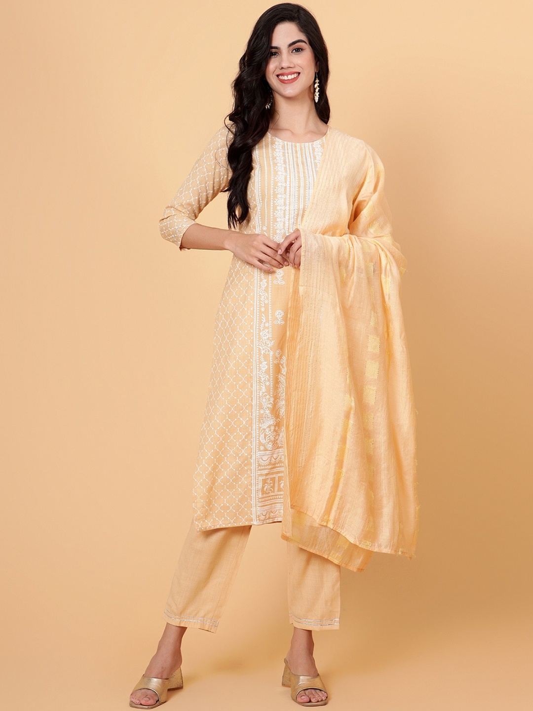

Bani Women Ethnic Motifs Printed Regular Kurta With Trousers & Dupatta, Beige