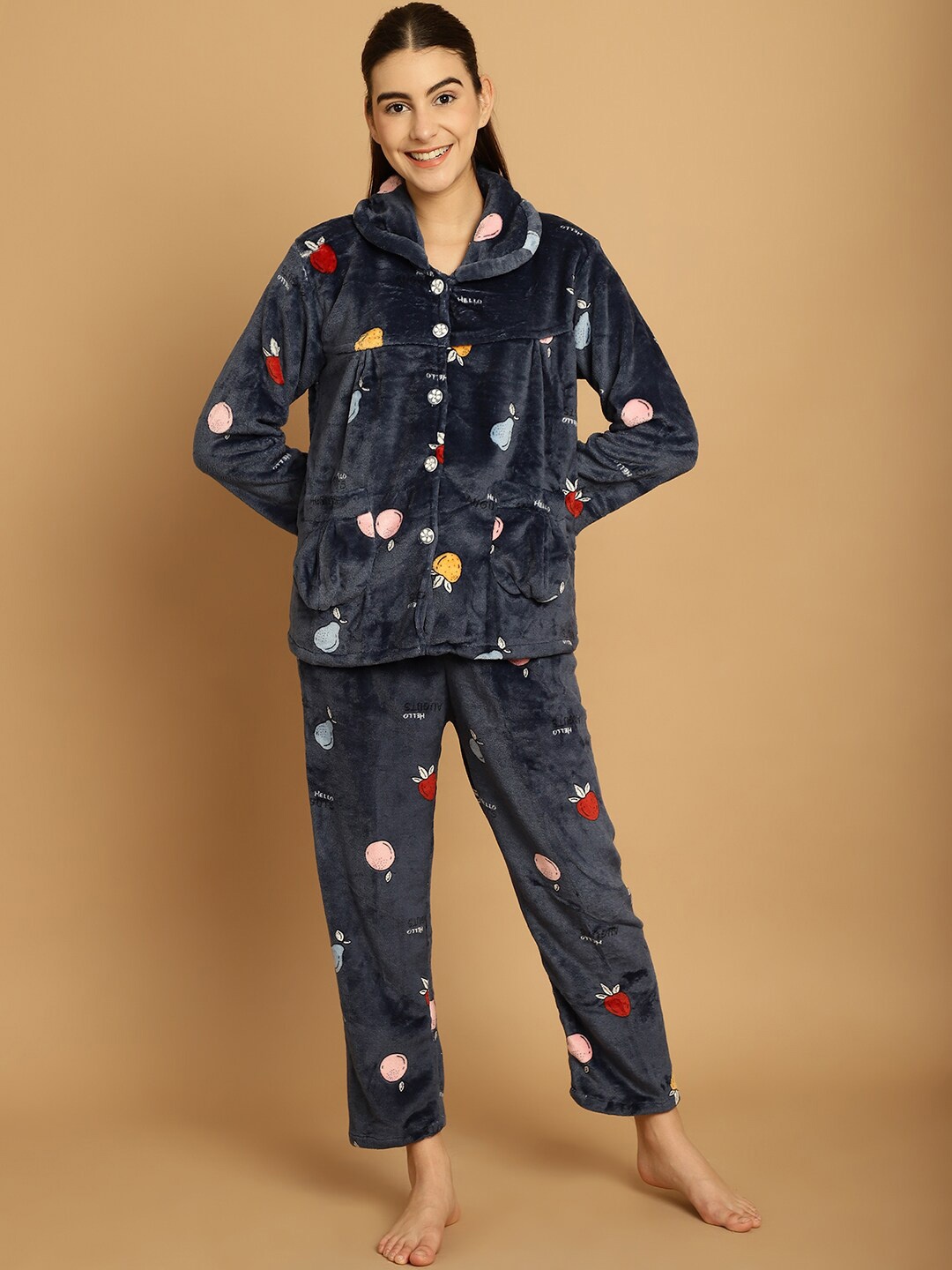 

TAG 7 Women Navy Blue Cartoon Print Warm Fur Night Suit