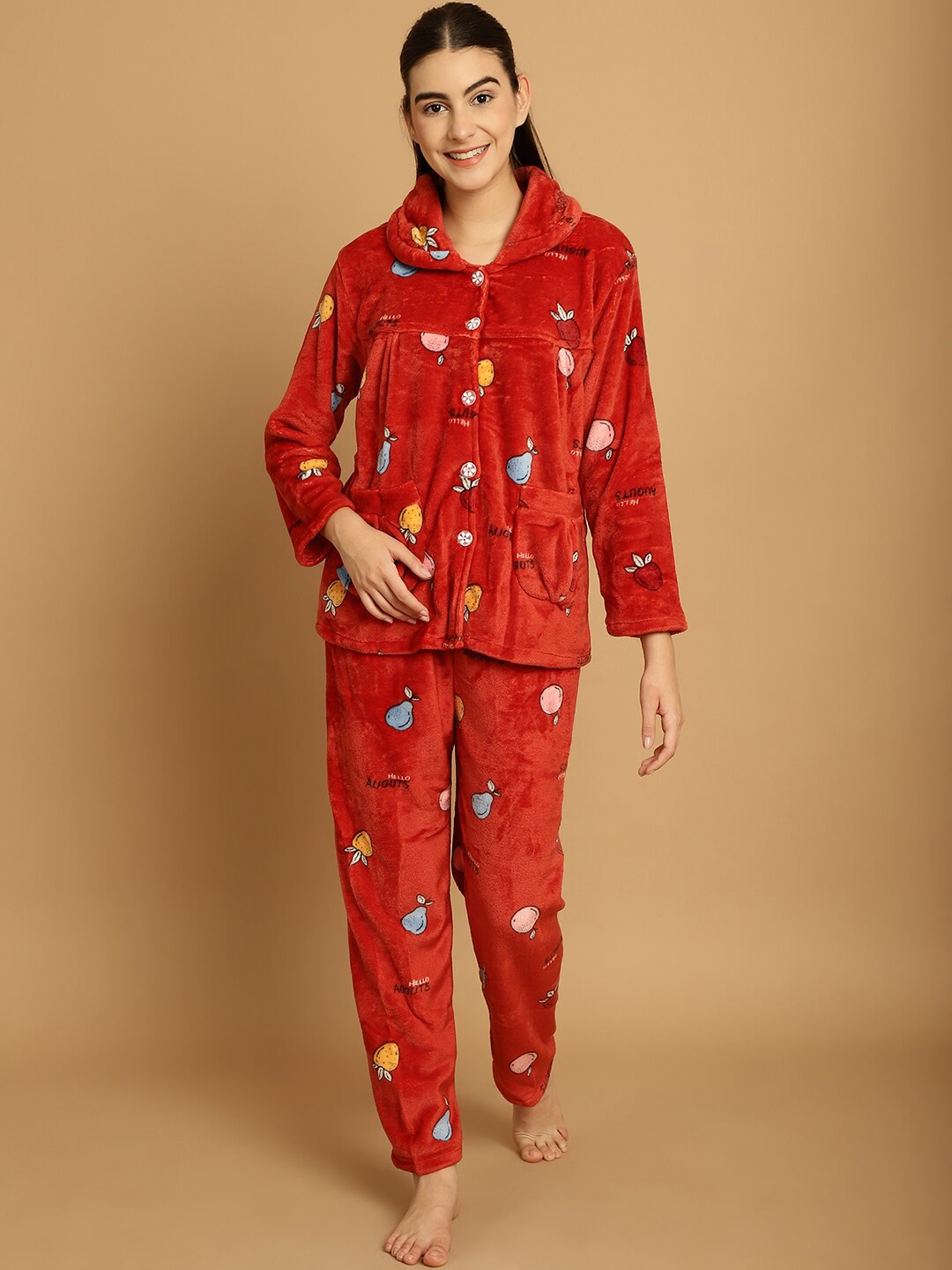 

TAG 7 Conversational Printed Woolen Fur Shirt and Pyjamas, Red