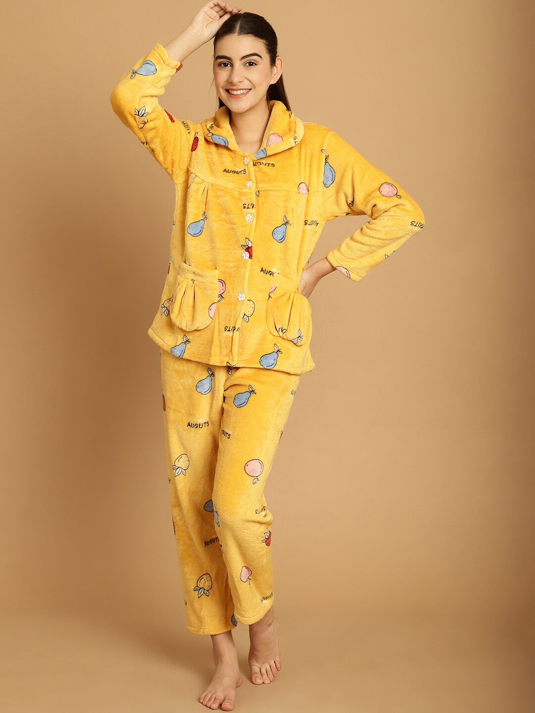 

TAG 7 Conversational Printed Woolen Fur Shirt with Pyjama, Yellow