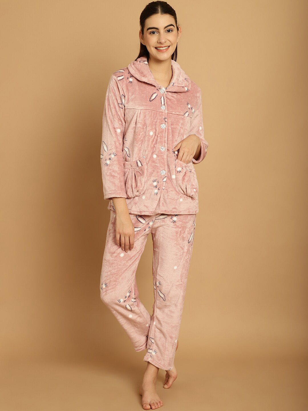 

TAG 7 Conversational Printed Woollen Fur Night Suit, Pink