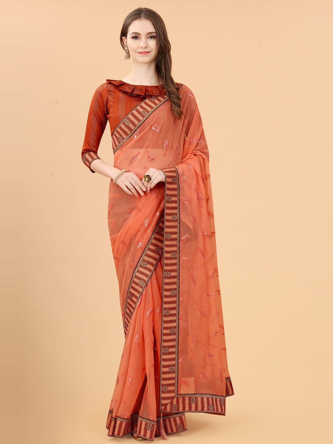 

KALINI Embellished Sequinned Silk Blend Saree, Orange