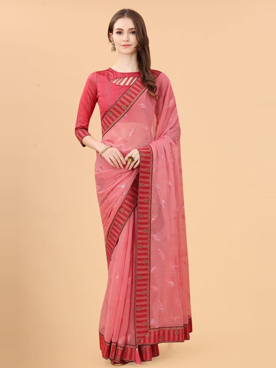 

KALINI Embellished Silk Blend Saree, Red