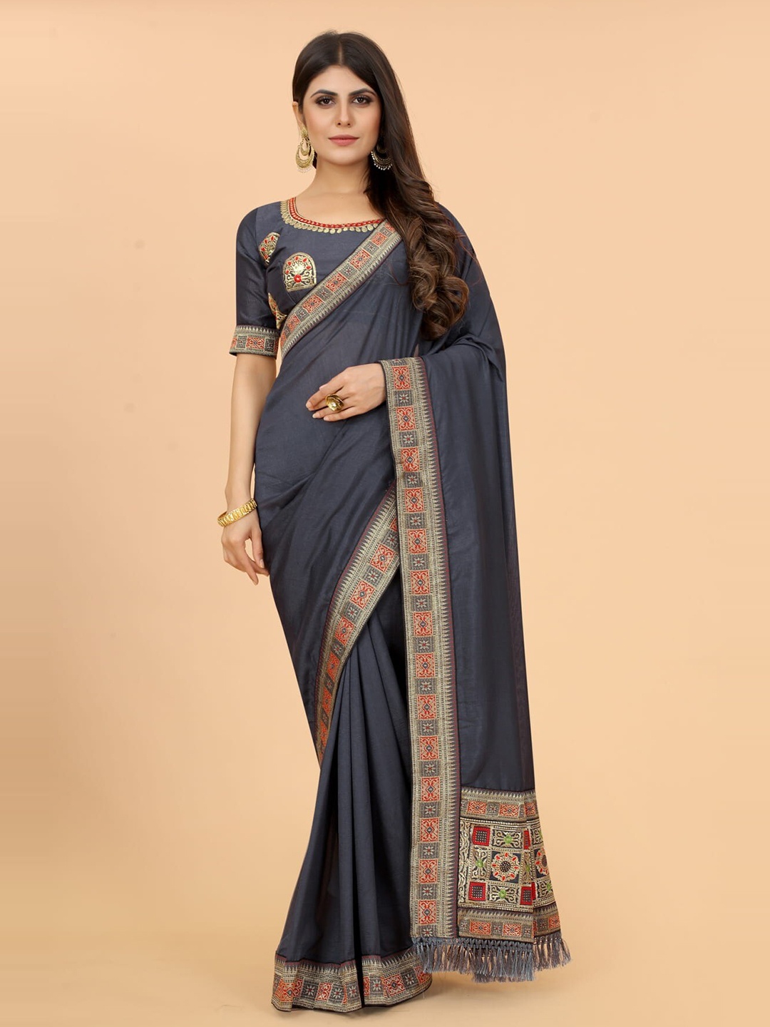 

KALINI Woven Design Border Zari Silk Blend Saree, Grey