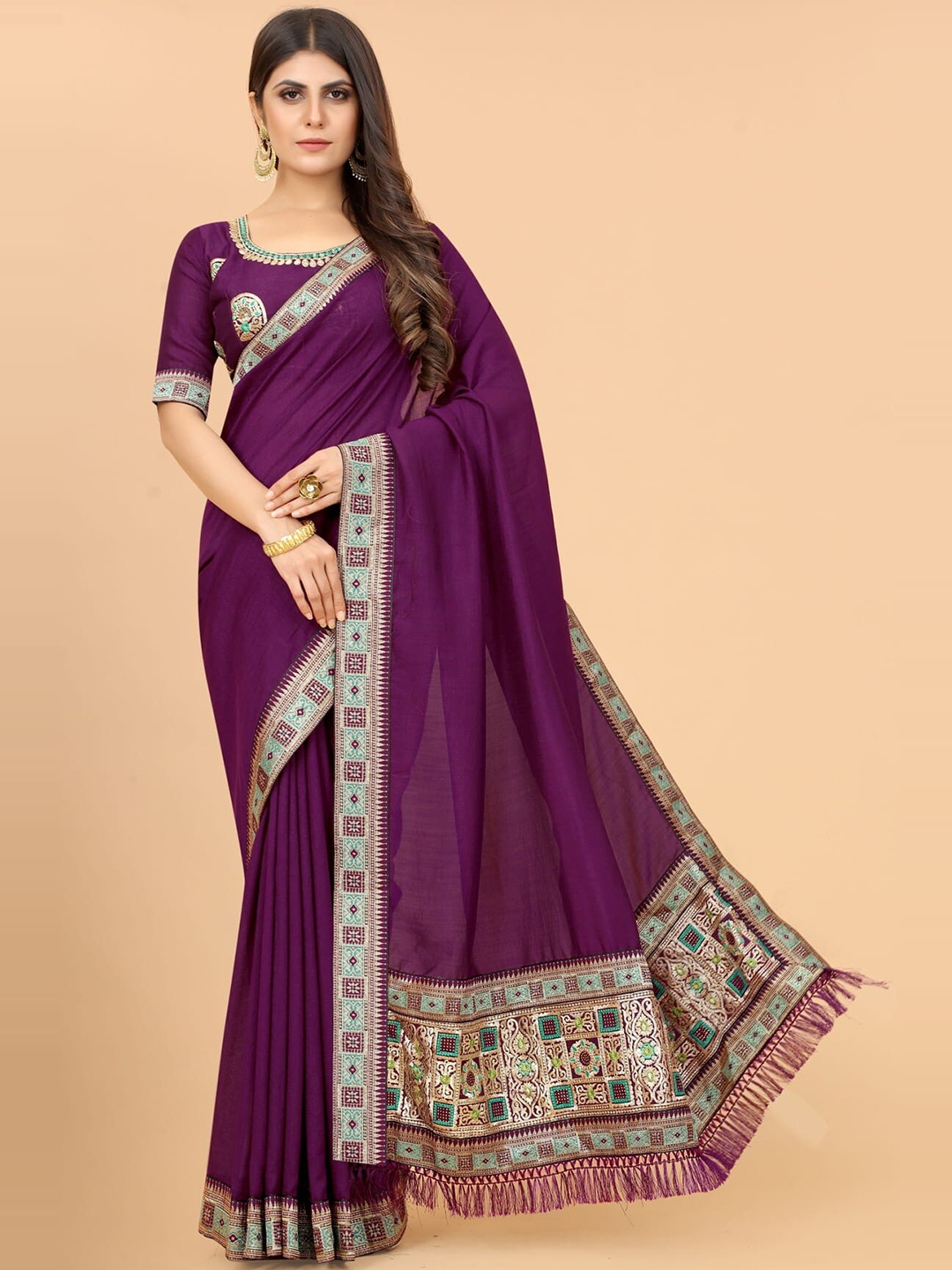 

KALINI Woven Design Border Zari Silk Blend Saree, Purple