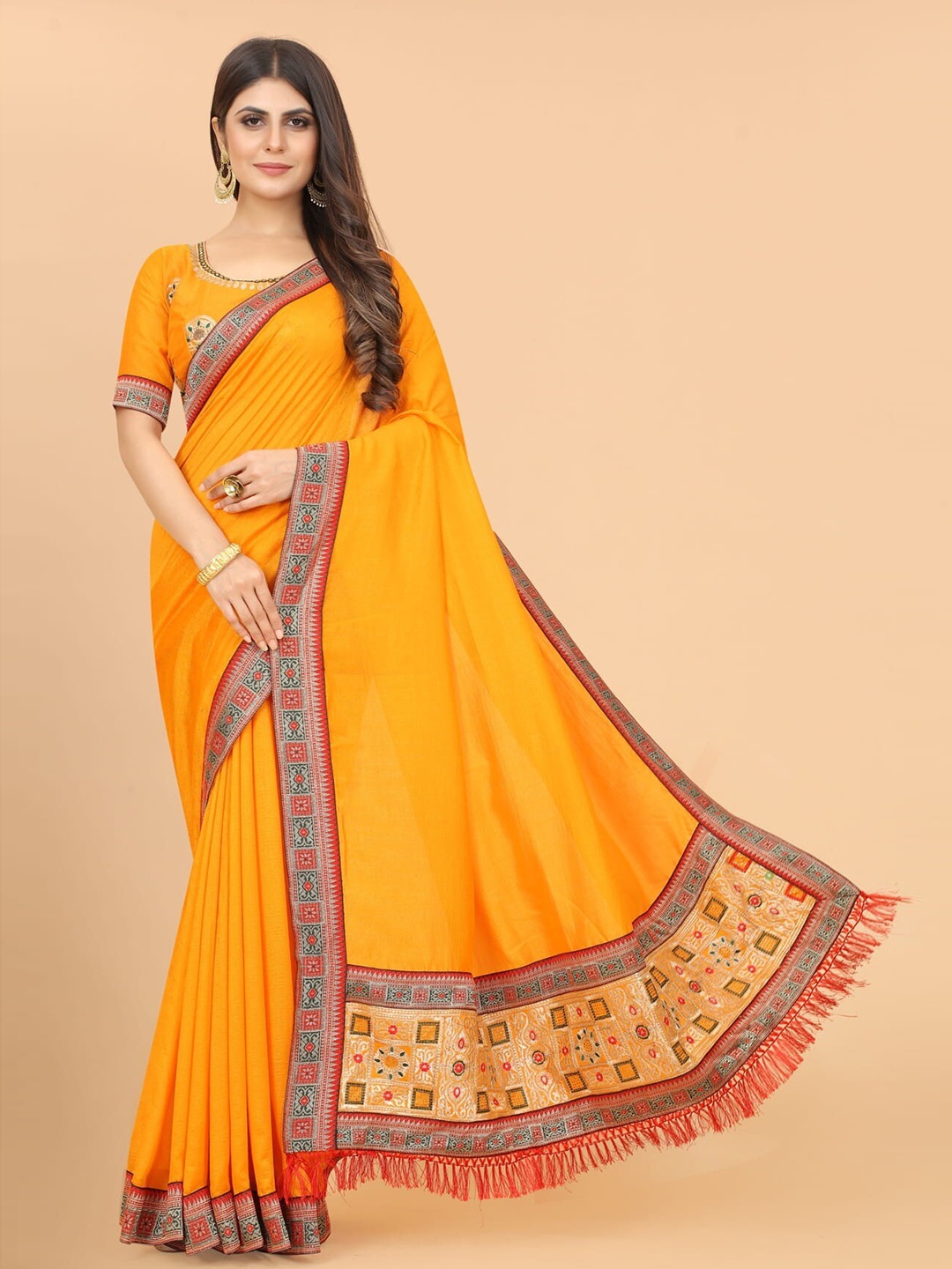

KALINI Woven Design Border Zari Silk Blend Saree, Yellow