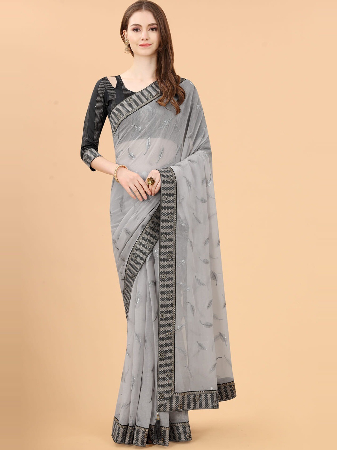 

KALINI Ethnic Motifs Embroidered Saree, Grey